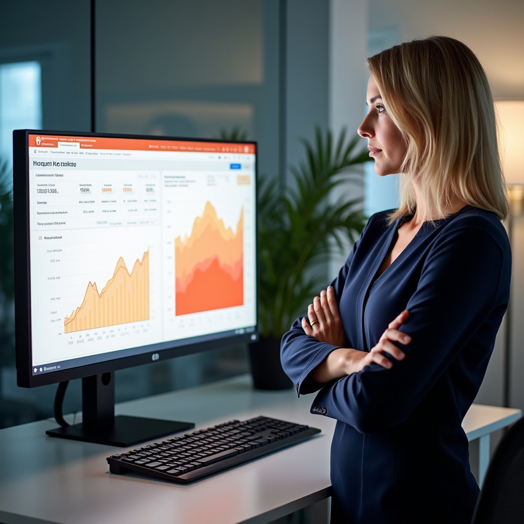 Dashboard narzędzia SEO wyświetlony na ekranie monitora z wykresami widoczności lokalnej