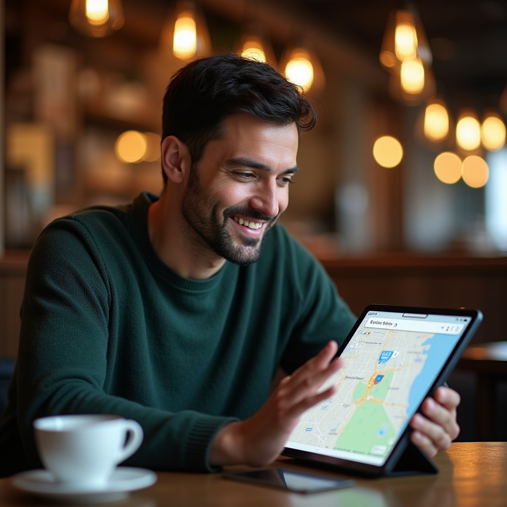 Właściciel małej firmy analizuje widoczność w Google Maps na tablecie